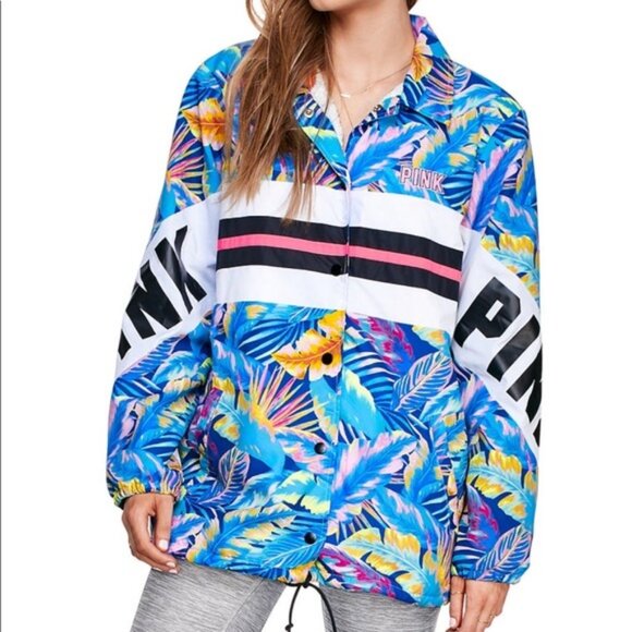 PINK Victoria's Secret Oversized Tropical Coach Jacket Sherpa Lined Medium EXCEL - Picture 1 of 9